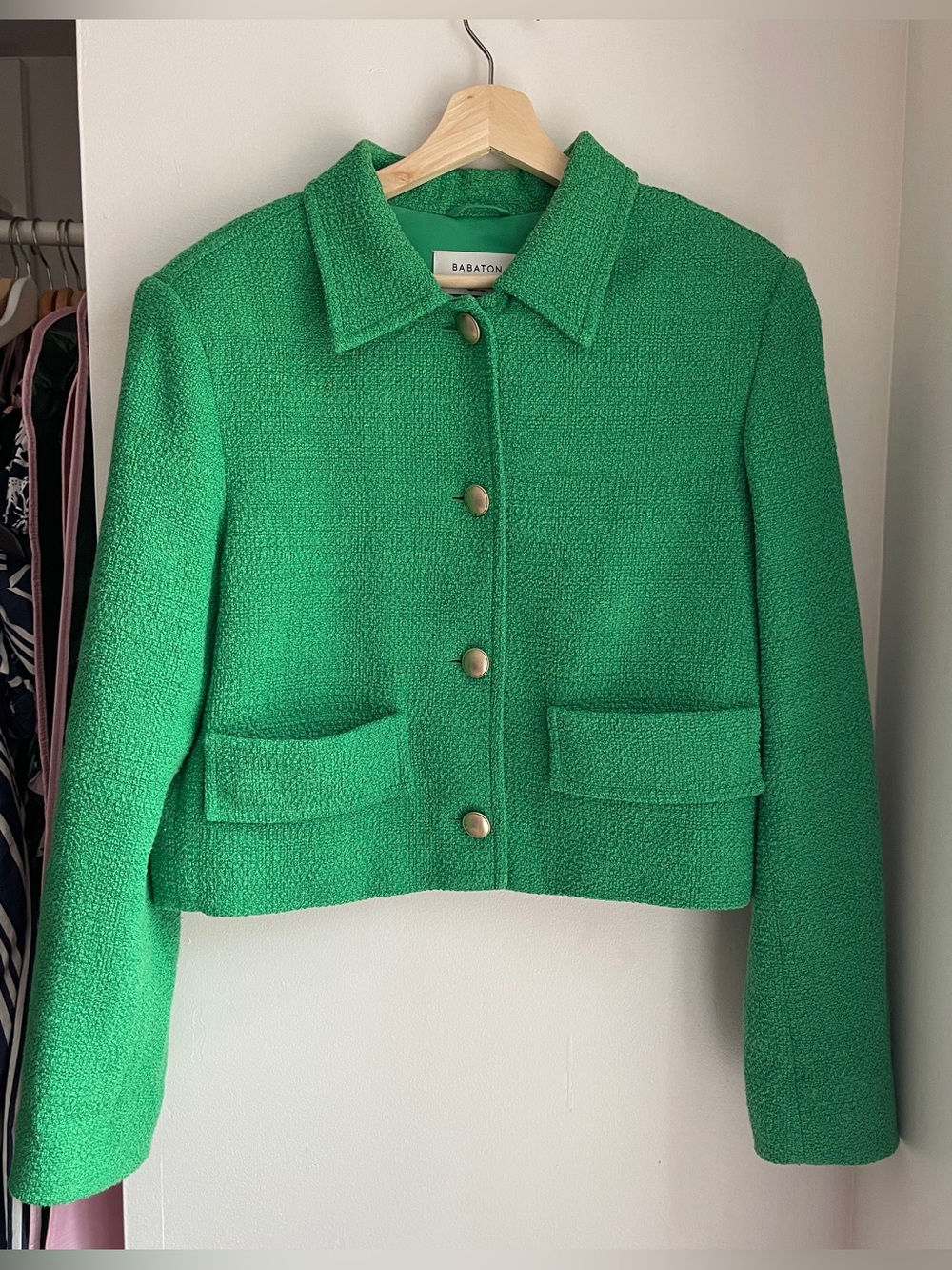 Aritzia Babaton Bright Green Tweed Cropped Blazer Jacket - Picture 2 of 13